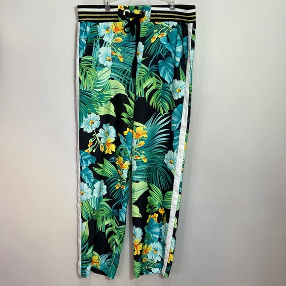 Boston Proper Midnight Palm Pants Snap Up Leg Slit Elastic Drawstring Waist - Picture 2 of 8